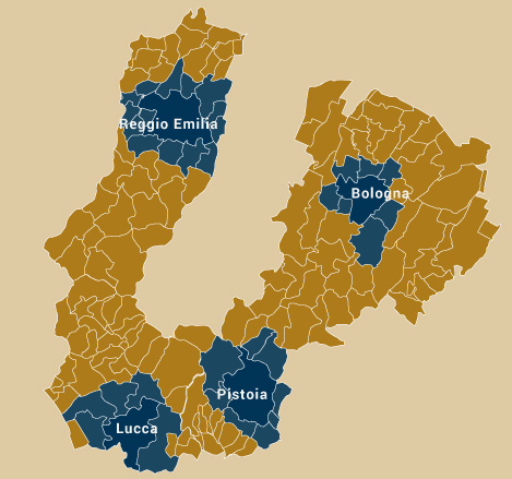 Territori dei comuni limitrofi, situati nell’alto Appennino, delle Province di Reggio Emilia, Bologna, Pistoia e Lucca